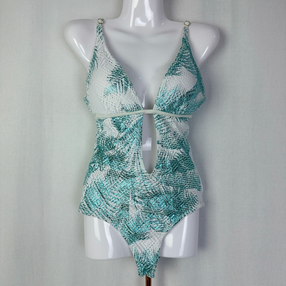 WET White & Turquoise Palm Print Plunge One Piece‎ Swimsuit - Medium